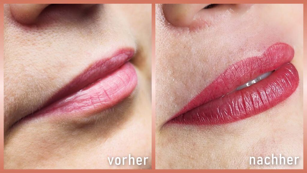 Permanent Make-Up Lippenkontur mit Schattierung Vorher-Nachher von der Seite