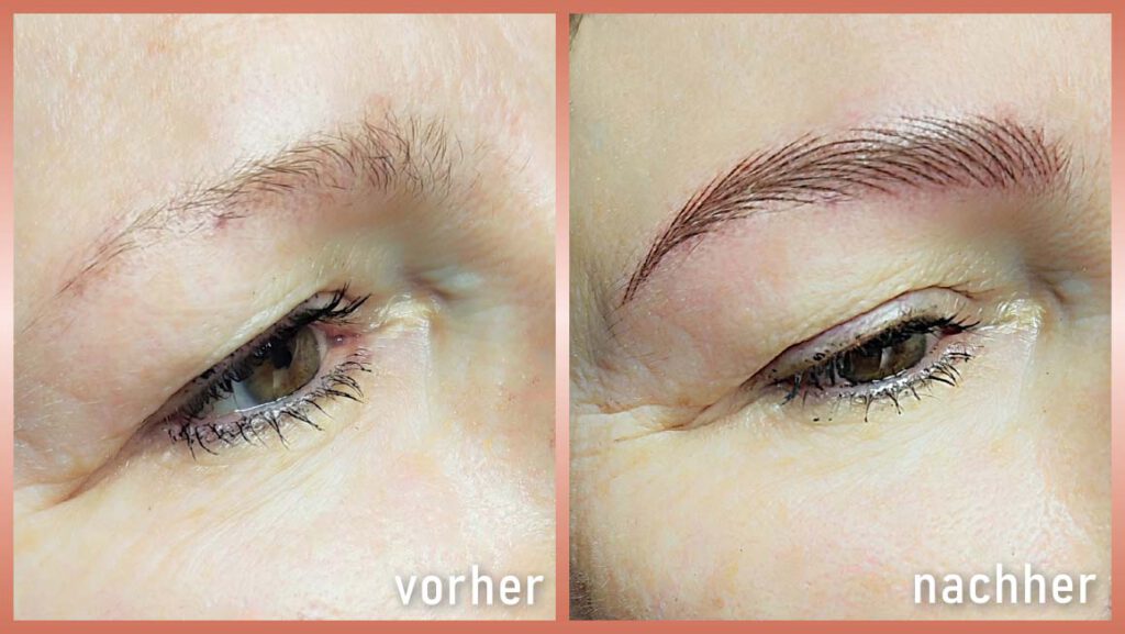 Permanent Make-Up Feinsthärchenzeichnung 3D Nanobrows Vorher-Nachher von der Seite